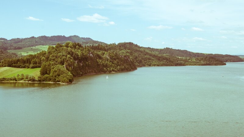 Sailboat on Lake — Blue, Serene, Afternoon, Photograph, Hills