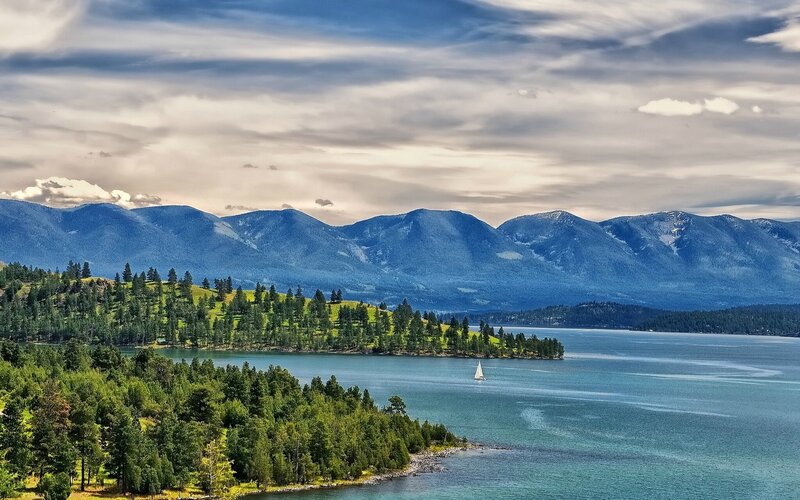 Sailboat on Lake — Blue, Serene, Afternoon, Photograph, Mountains, Forest
