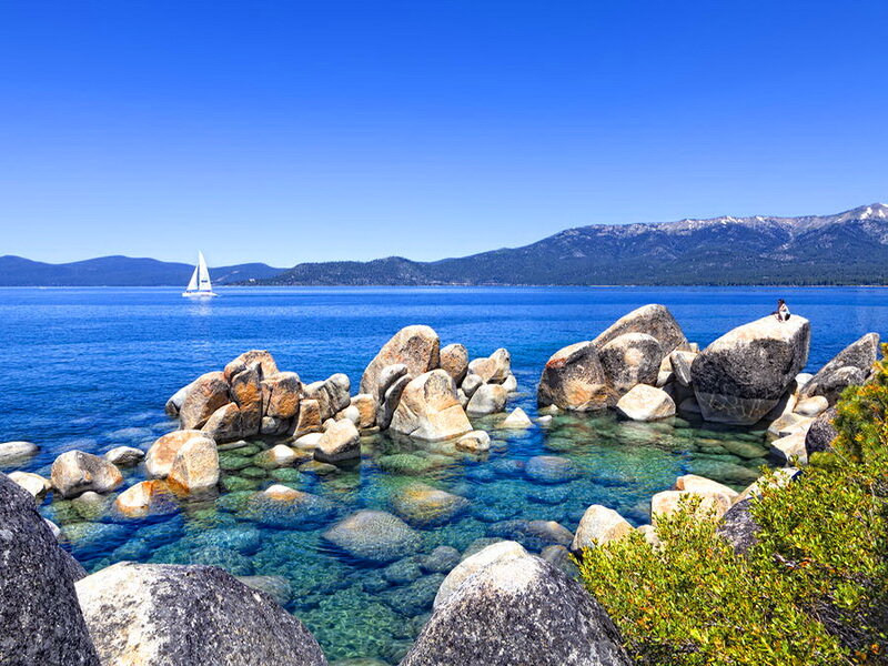 Sailboat on Lake — Blue, Serene, Afternoon, Photograph, Mountains