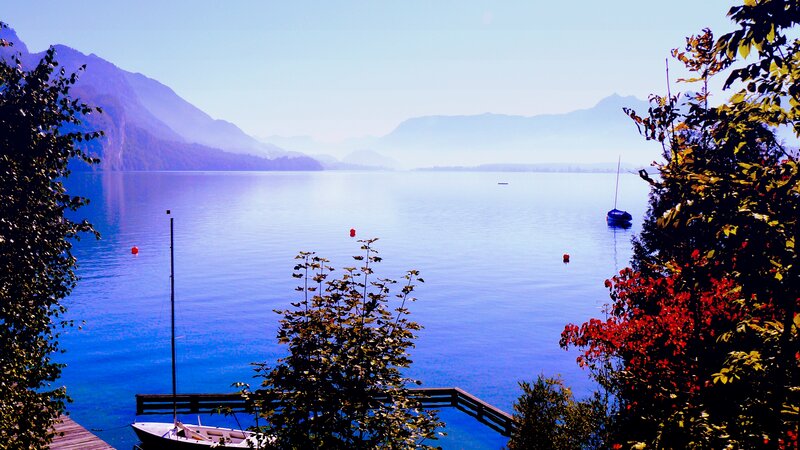 Sailboat on Lake — Blue, Serene, Afternoon, Photograph, Mountains, Trees