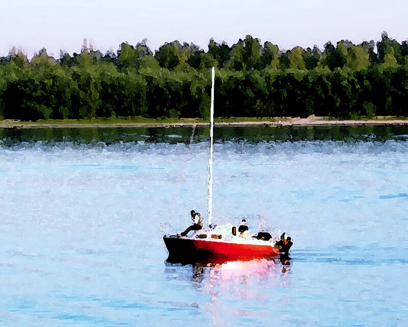 Sailboat on Lake — Blue, Serene, Digital Art