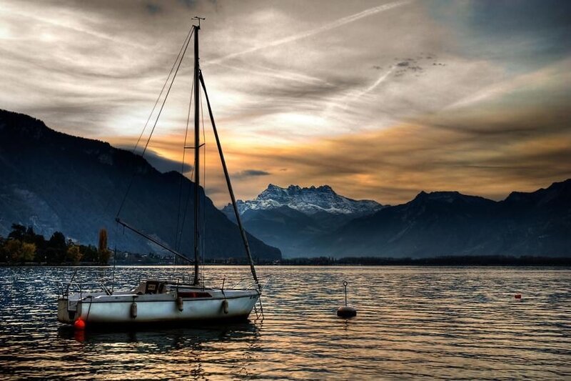 Sailboat on Lake — Blue, Serene, Sunset