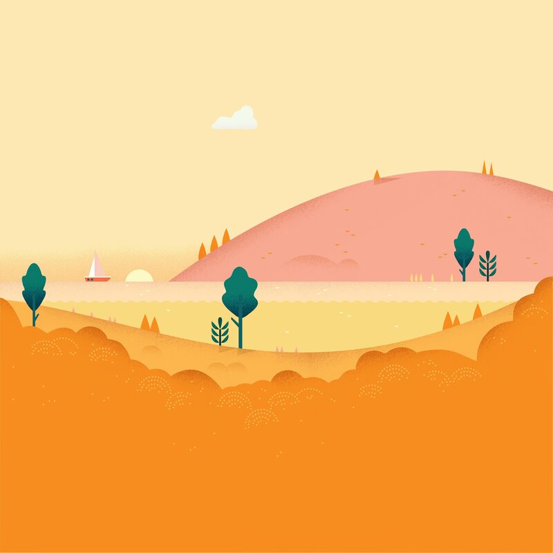 Sailboat on Lake — Orange, Serene, Sunset, Illustration