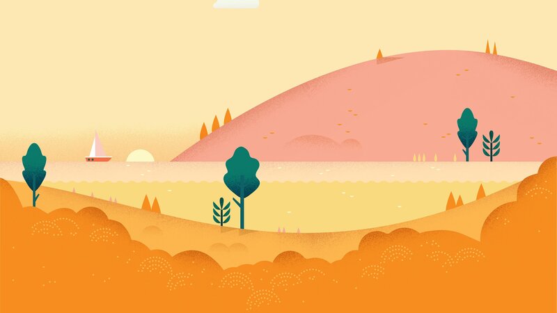 Sailboat on Lake — Orange, Serene, Sunset, Illustration, Trees