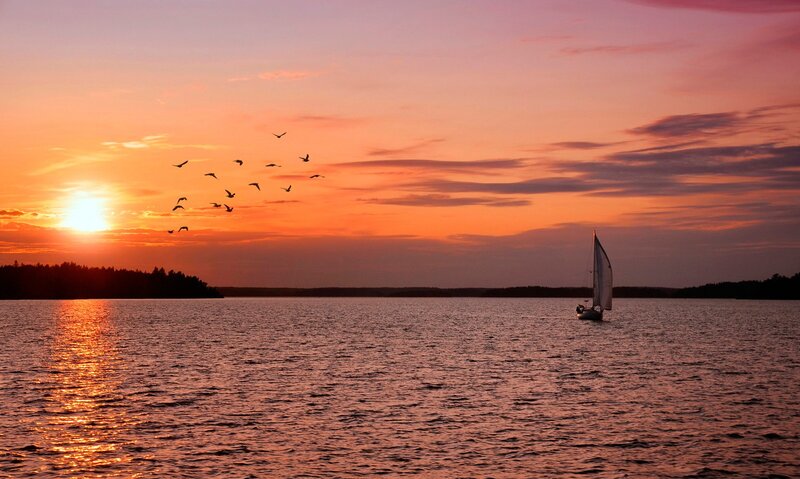 Sailboat on Lake — Orange, Serene, Sunset, Photograph, Birds