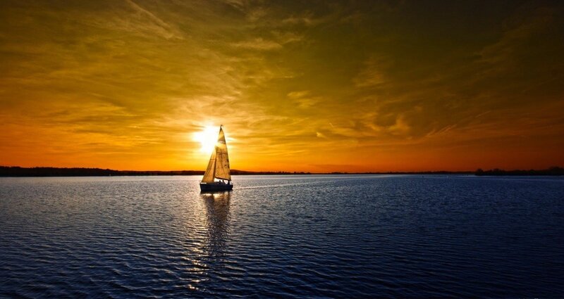 Sailboat on Lake — Orange, Serene, Sunset, Photograph, Sun, Sky, Water