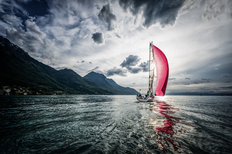 Sailboat on Lake — Red