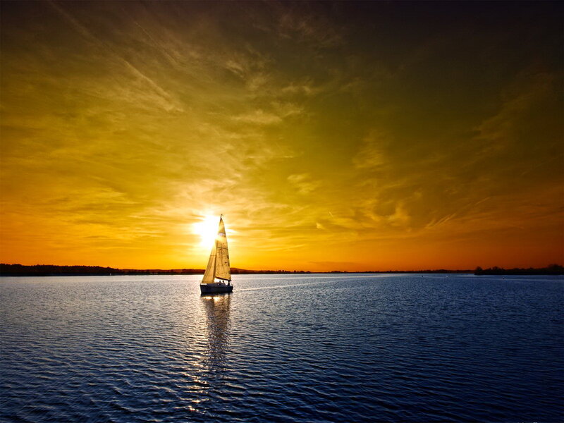 Sailboat on Lake — Yellow, Serene, Sunset, Photograph, Sun, Sky