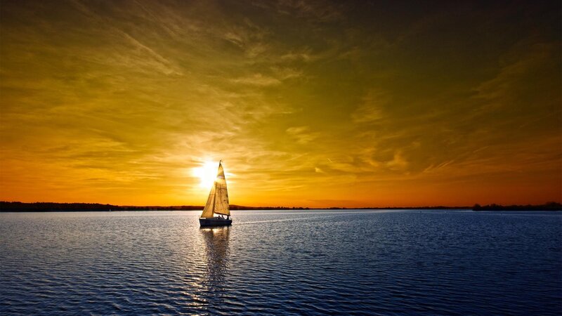 Sailboat on Lake — Yellow, Serene, Sunset, Photograph, Sun