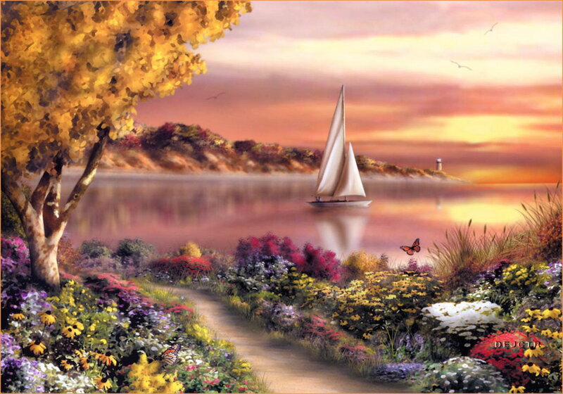 Sailboat on Lake — Yellow, Serene, Sunset