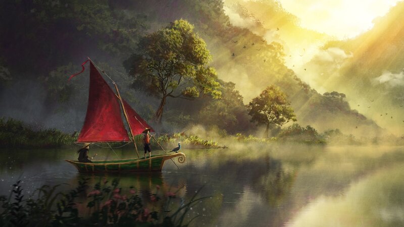 Sailboat on Misty River — Red