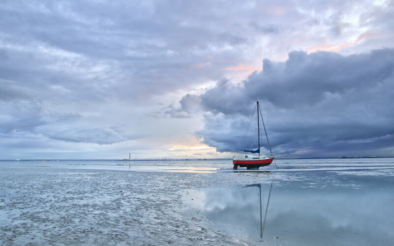 Sailboat on Mudflat — Gray