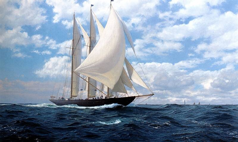 Sailboat on Ocean — Blue, Dramatic, Afternoon, Painting