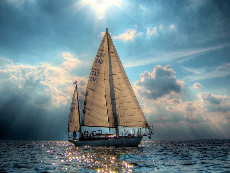 Sailboat on Ocean — Blue, Dramatic, Afternoon, Photograph