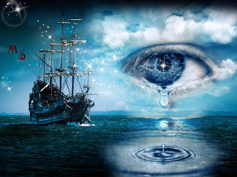 Sailboat on Ocean — Blue, Dramatic, Night, Digital Art