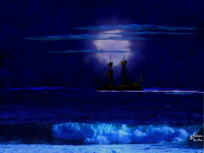 Sailboat on Ocean — Blue, Dramatic, Night