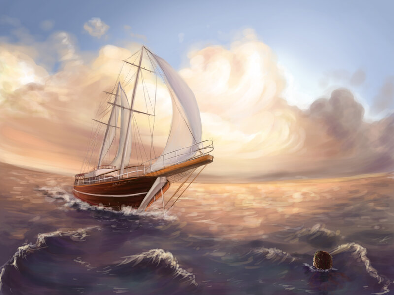 Sailboat on Ocean — Blue, Dramatic, Sunset, Digital Art, Clouds