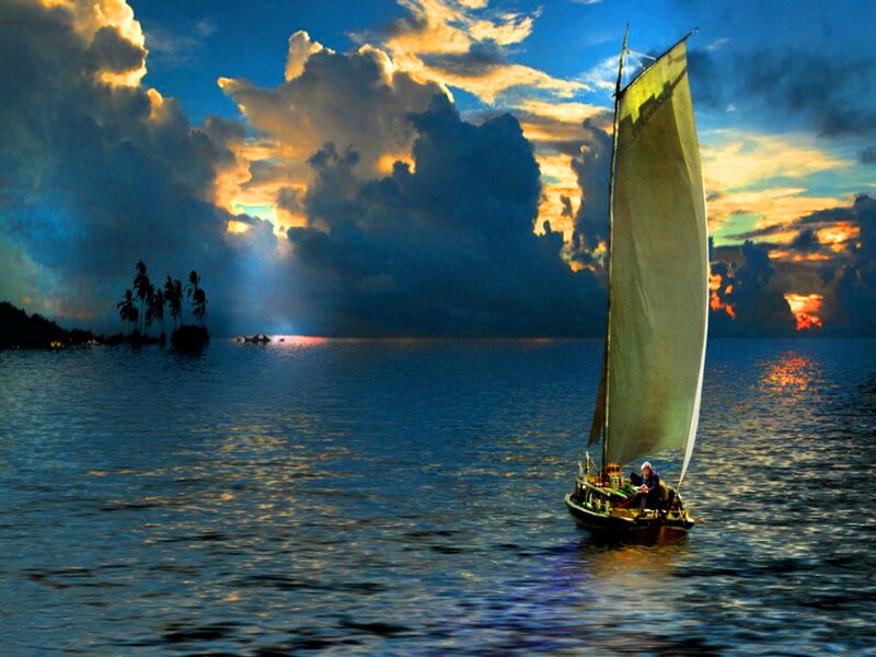 Sailboat on Ocean — Blue, Dramatic, Sunset, Digital Art