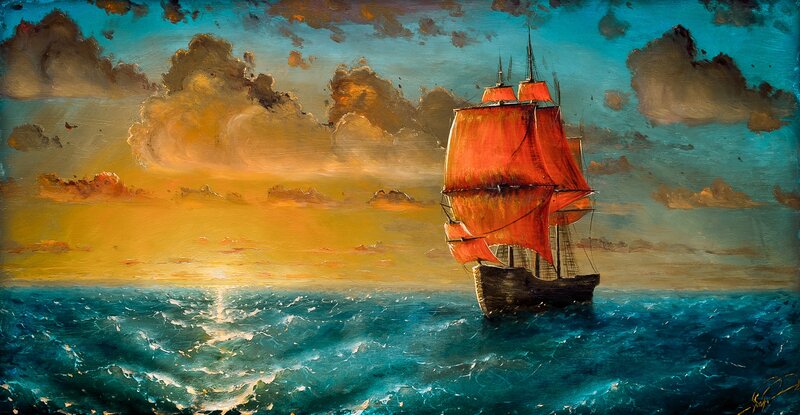 Sailboat on Ocean — Blue, Dramatic, Sunset, Painting, Sails