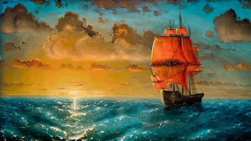 Sailboat on Ocean — Blue, Dramatic, Sunset, Painting, Sky, Clouds