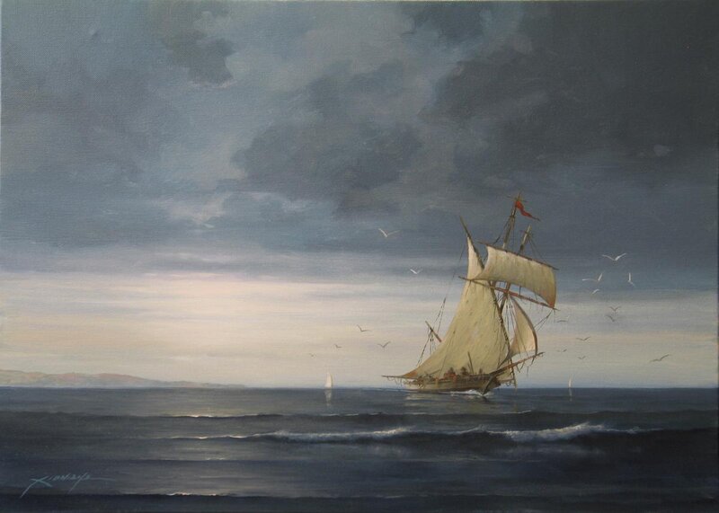 Sailboat on Ocean — Blue, Dramatic, Sunset, Painting