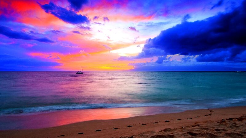 Sailboat on Ocean — Blue, Dramatic, Sunset, Photograph, Beach
