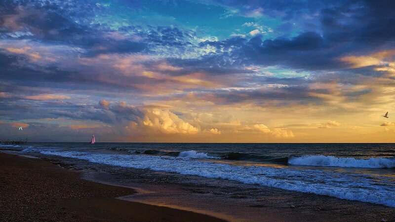 Sailboat on Ocean — Blue, Dramatic, Sunset, Photograph, Clouds