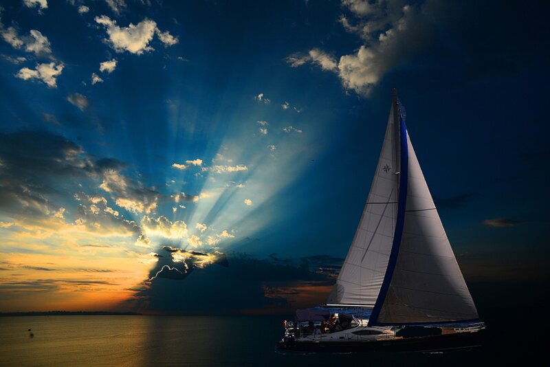 Sailboat on Ocean — Blue, Dramatic, Sunset, Photograph, Sail