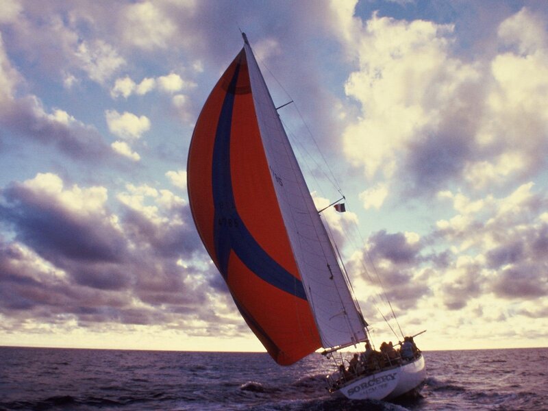 Sailboat on Ocean — Blue, Dramatic, Sunset, Photograph, Sky, Clouds, White, Orange