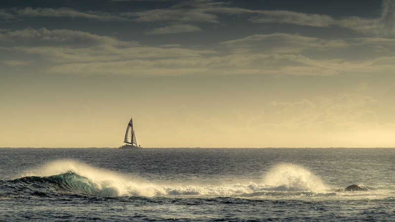 Sailboat on Ocean — Blue, Dramatic, Sunset, Photograph, Sky