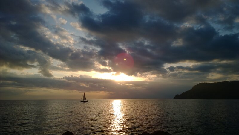 Sailboat on Ocean — Blue, Dramatic, Sunset, Photograph, Sun