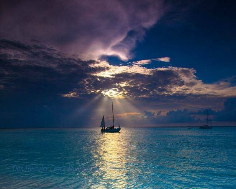 Sailboat on Ocean — Blue, Dramatic, Sunset, Photograph, Sunlight