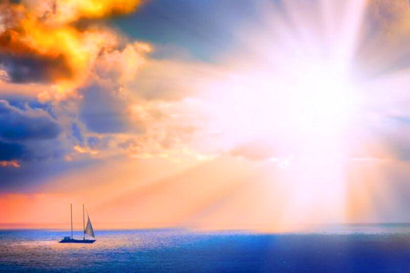 Sailboat on Ocean — Blue, Dramatic, Sunset