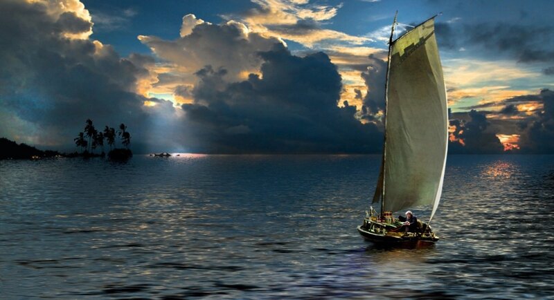 Sailboat on Ocean — Blue, Dramatic