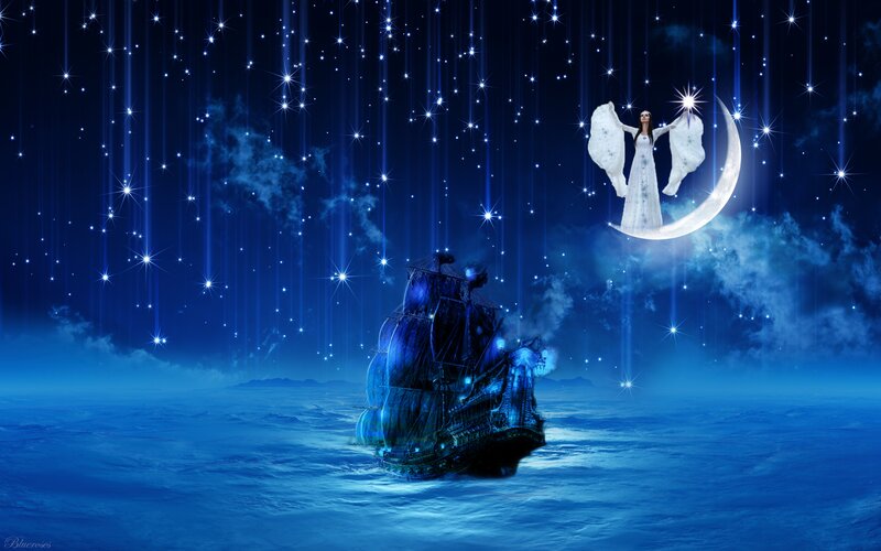 Sailboat on Ocean — Blue, Dreamy, Night