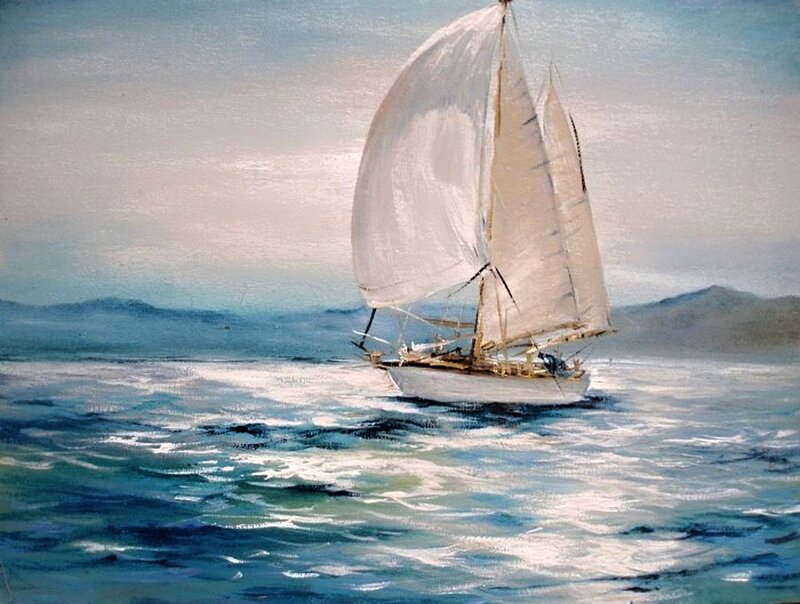 Sailboat on Ocean — Blue, Serene, Afternoon, Painting, Mountains