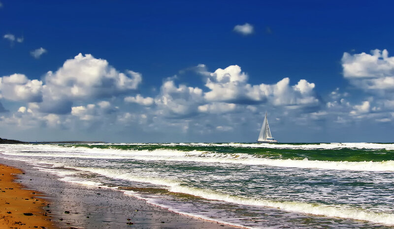 Sailboat on Ocean — Blue, Serene, Afternoon, Photograph, Beach, Waves