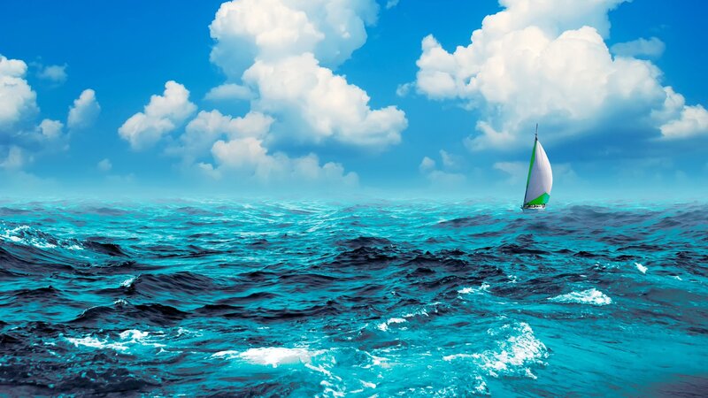 Sailboat on Ocean — Blue, Serene, Afternoon, Photograph, Clouds, Sea, Sky