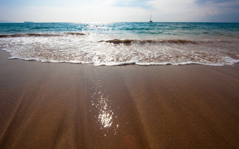 Sailboat on Ocean — Blue, Serene, Afternoon, Photograph, Sand, Waves
