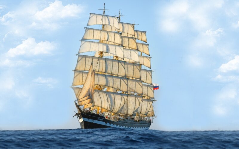 Sailboat on Ocean — Blue, Serene, Afternoon, Photograph, Sky, Clouds, White, Black