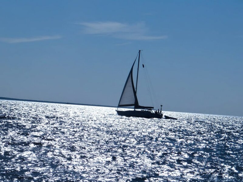 Sailboat on Ocean — Blue, Serene, Afternoon, Photograph, Sky, Sail