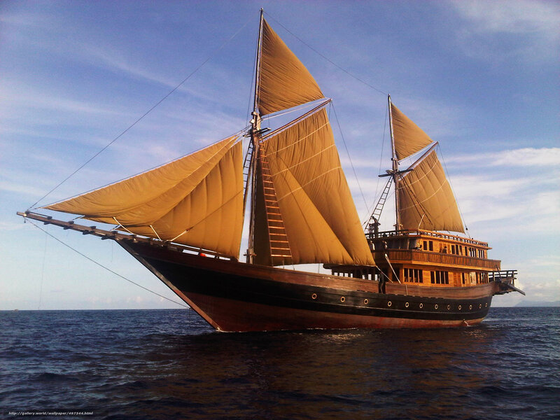 Sailboat on Ocean — Blue, Serene, Afternoon, Photograph, Sky, Sails, Brown