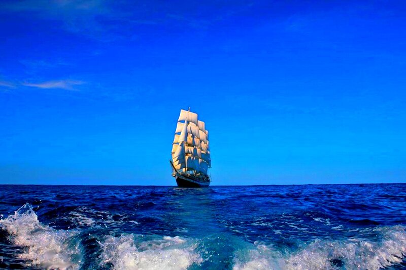 Sailboat on Ocean — Blue, Serene, Afternoon, Photograph, Sky, Waves