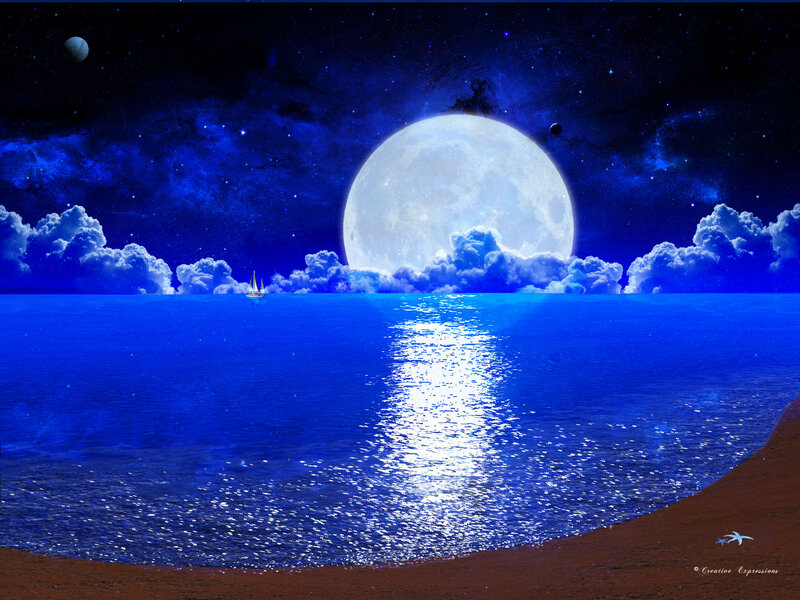 Sailboat on Ocean — Blue, Serene, Night, Digital Art, Moon