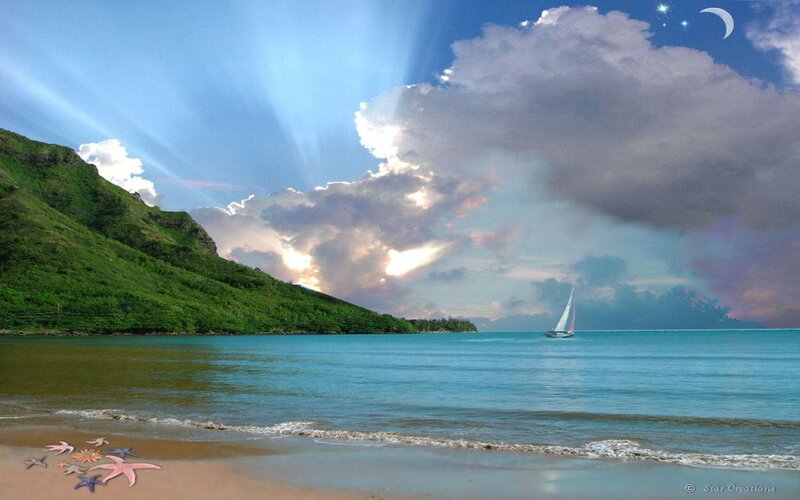Sailboat on Ocean — Blue, Serene, Night, Digital Art, Mountain