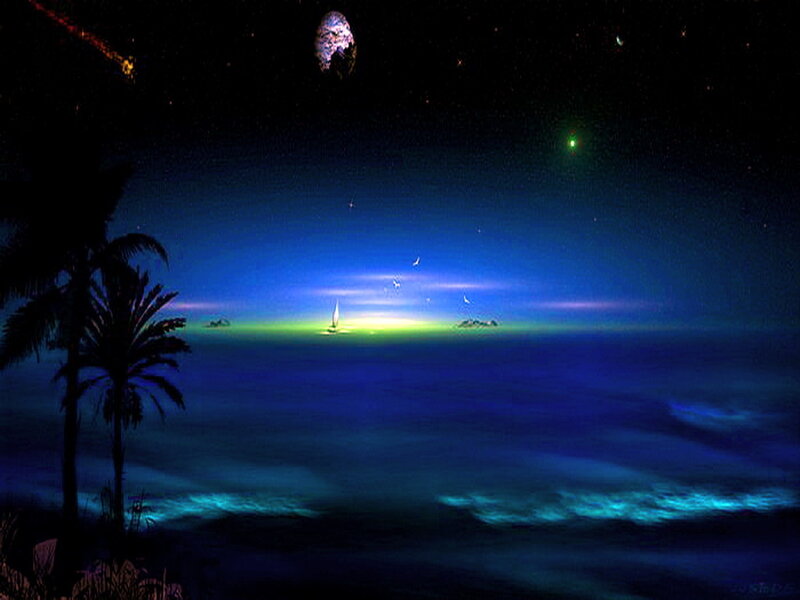 Sailboat on Ocean — Blue, Serene, Night, Digital Art