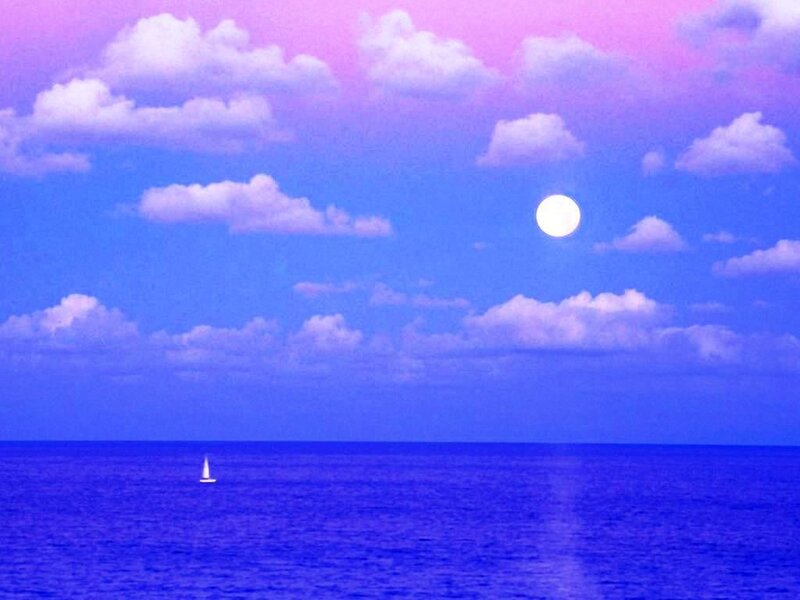 Sailboat on Ocean — Blue, Serene, Night, Photograph, Moon, Clouds, Purple