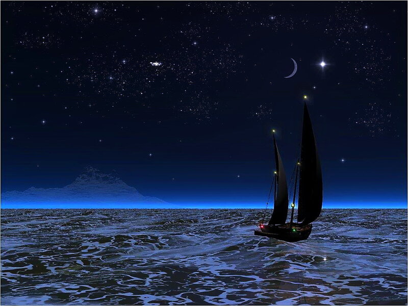 Sailboat on Ocean — Blue, Serene, Night