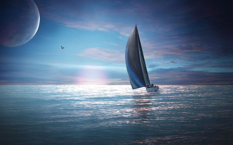 Sailboat on Ocean — Blue, Serene, Sunrise