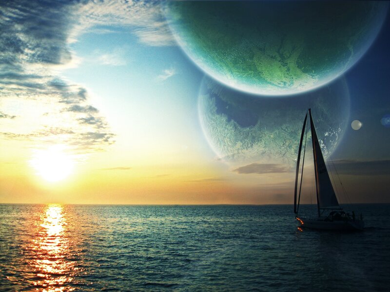 Sailboat on Ocean — Blue, Serene, Sunset, Digital Art, Planets